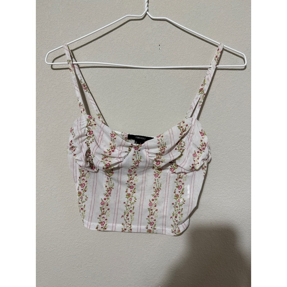 Forever 21 Floral Crop Top Womens Large White Pink Mesh Cami Sweetheart Bust